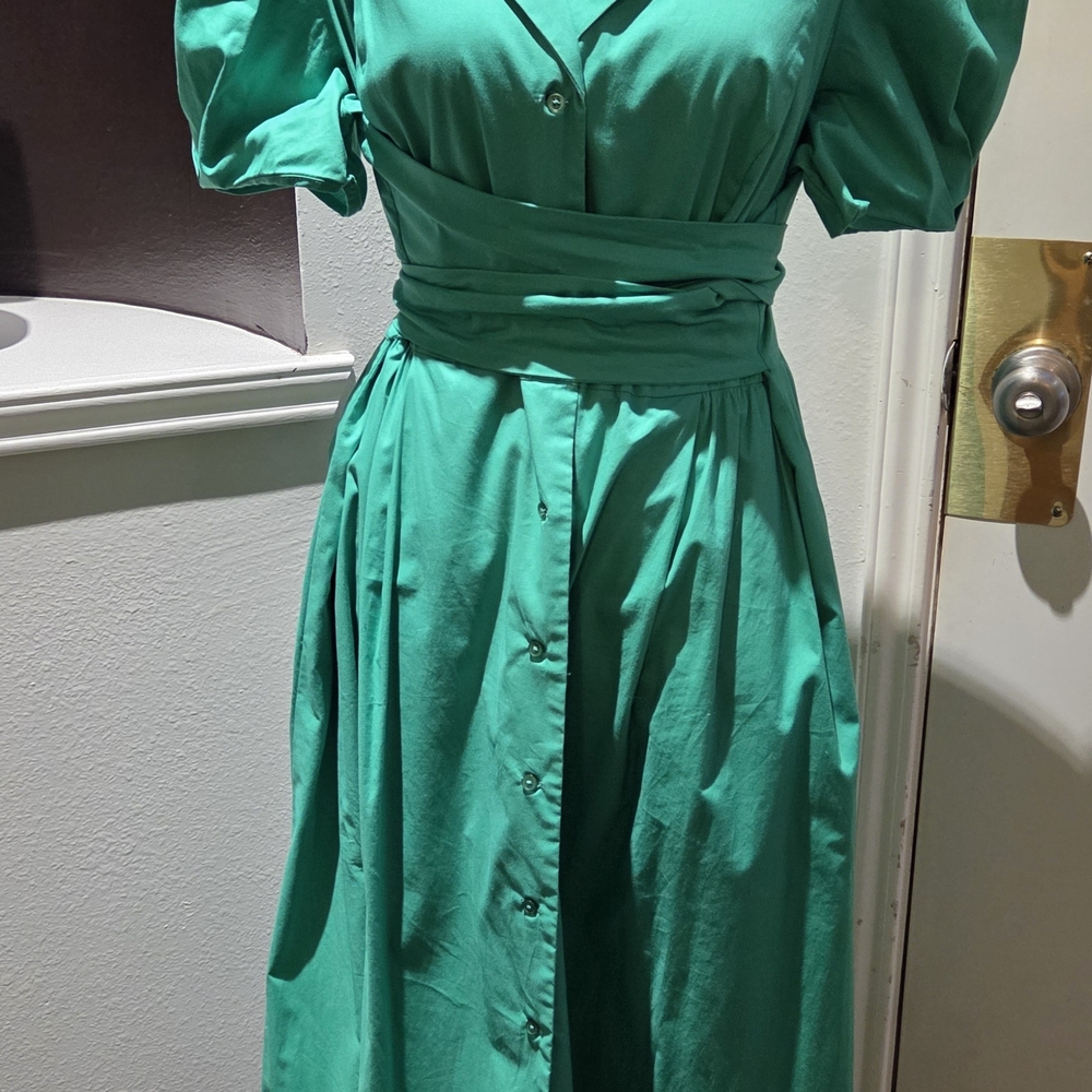 DKNY Green Midi Dress with Notched Collar and Puff Sleeves